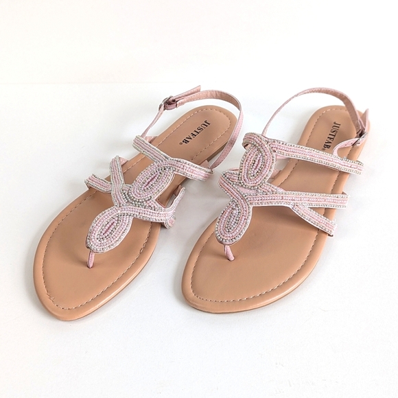 Flawed JustFab Stasha Bohemian Flat Thong Sandals Ankle Strap Pink Silver- sz 10 - Picture 1 of 13